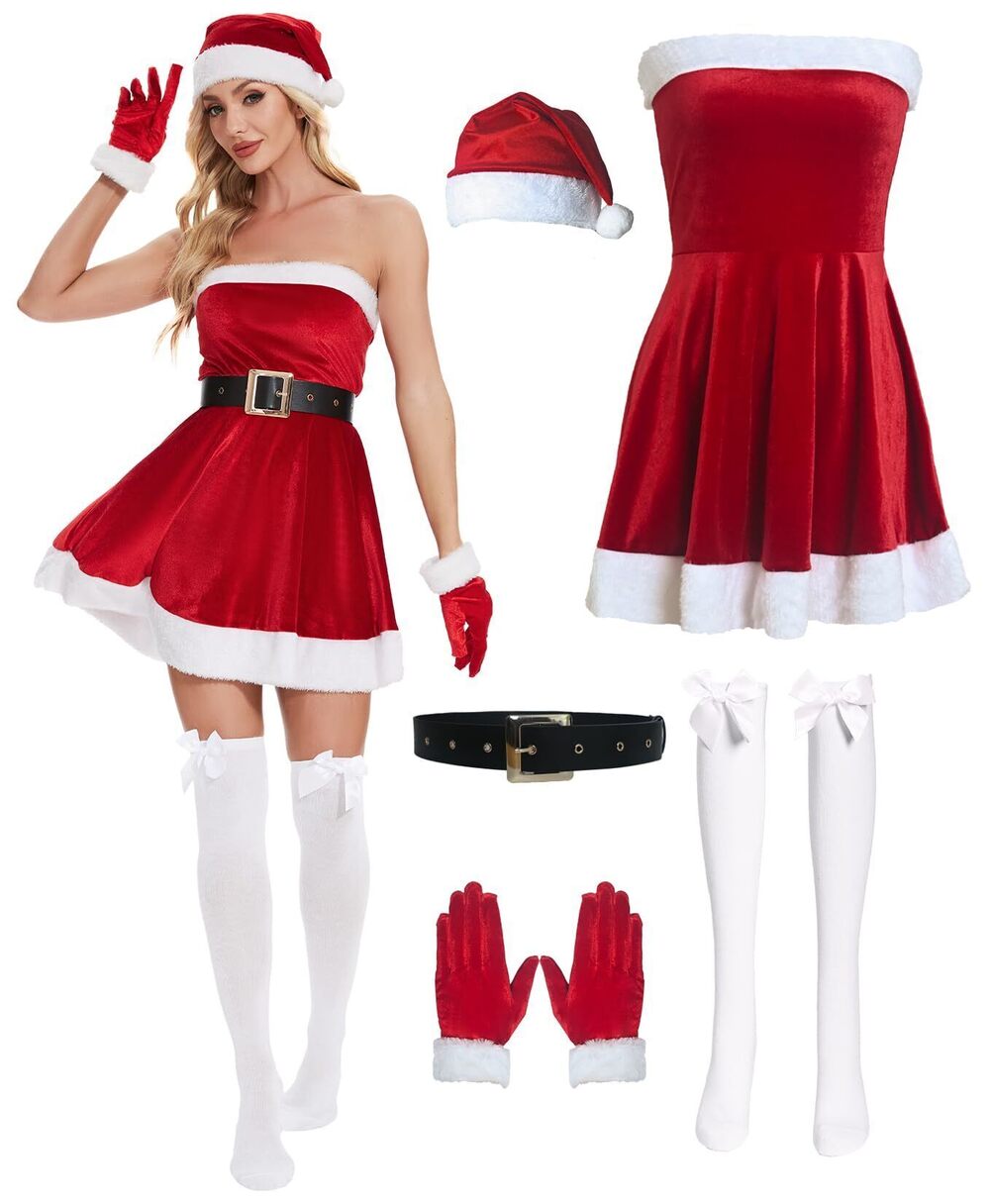 3570 Christmas Lingerie Set 5 Piece Sexy Santa Outfit Babydoll Red Chemise